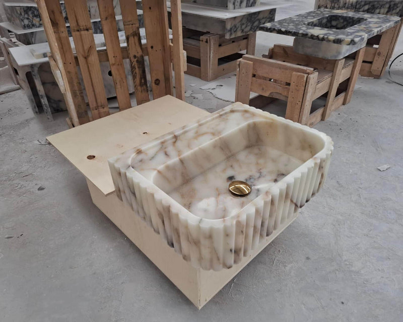 Calacatta Gold Marble Bathroom Sink – Wall Mounted Rectangle Vanity with Backsplash
